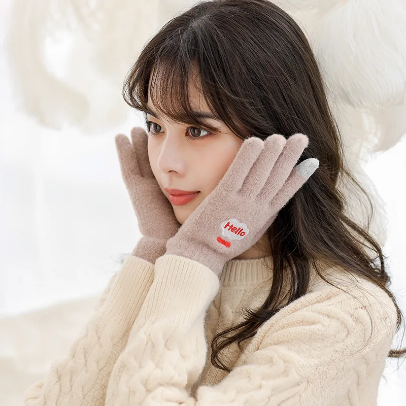 

Winter Women's Gloves Fairy Keep Warm Cute Japanese Han Edition Cartoon Five Fingers Add Wool Touch Screen Knitting Thread