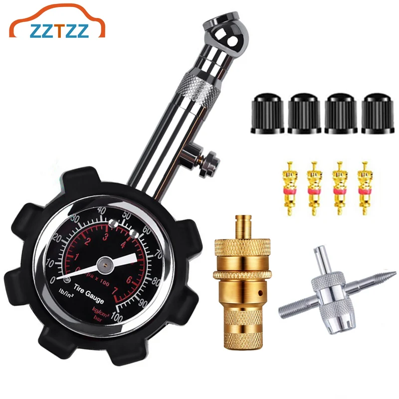 Tire Pressure Gauge 0-100 PSI &Tire Deflator & 4Pcs Valve Cores, High Air Pressure Gauge Tire Gauge for Car and Trucks Tires
Tire Pressure Gauge 0-100 PSI &Tire Deflator & 4Pcs Valve Cores, High Air Pressure Gauge Tire Gauge for Car and Trucks Tires
