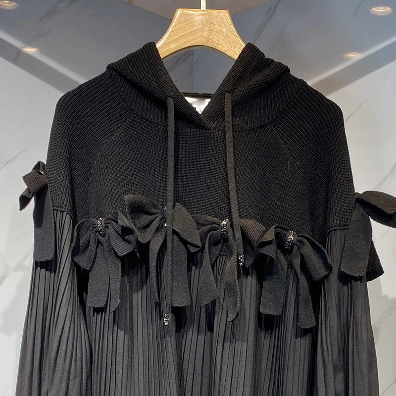 Women 2023 Autumn New Bow Knit Stitched Pleated Dress Lantern Sleeve Dark Black Top Hooded Knitted Stitching SK004
Women 2023 Autumn New Bow Knit Stitched Pleated Dress Lantern Sleeve Dark Black Top Hooded Knitted Stitching SK004