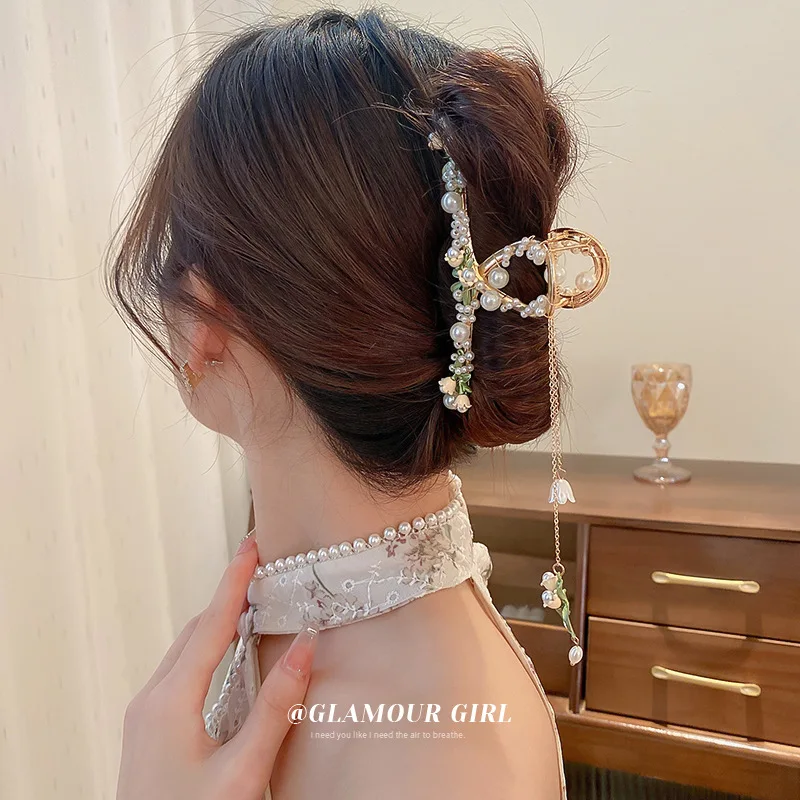 

Pearl Bell Orchid Leaves Fringed Hairpin Oriental Pastoral Style Shark Clip Grasping Clip Fresh Hair Accessories