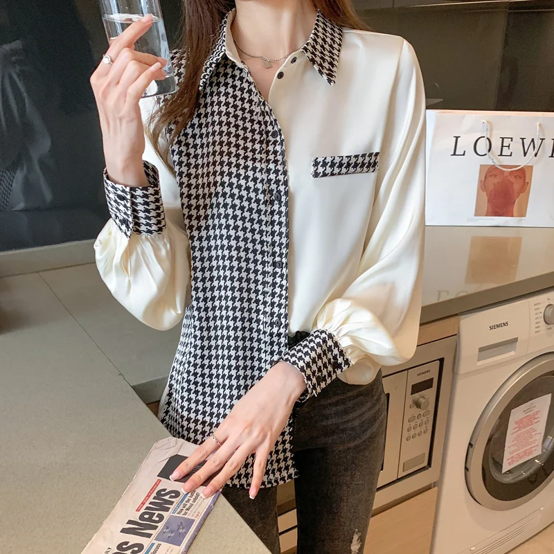 

Blusas Mujer De Moda Spring New Chiffon Lattice Women Tops Spliced Korean Casual Office Lady Blouse Shirt Female Camisas 832C