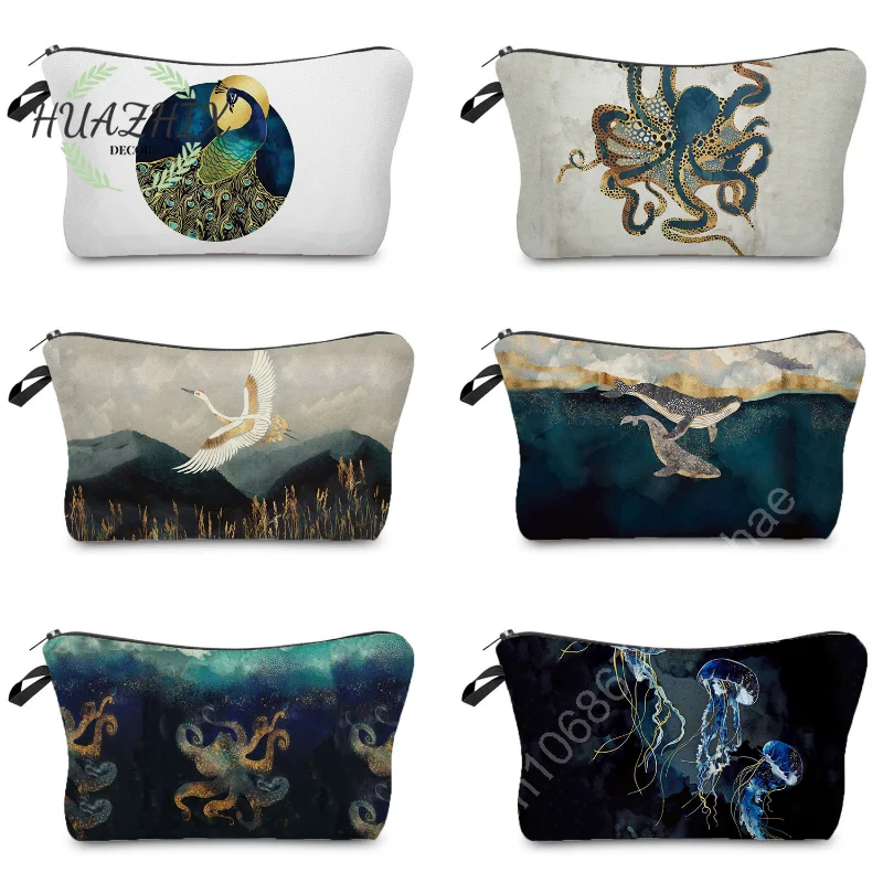 

Ukiyoe Printing Cosmetic Bag for Women Cartoon Red-Crowned Crane Storage Bags Landscape Travel Pouch Makeup Organizer Coin Purse