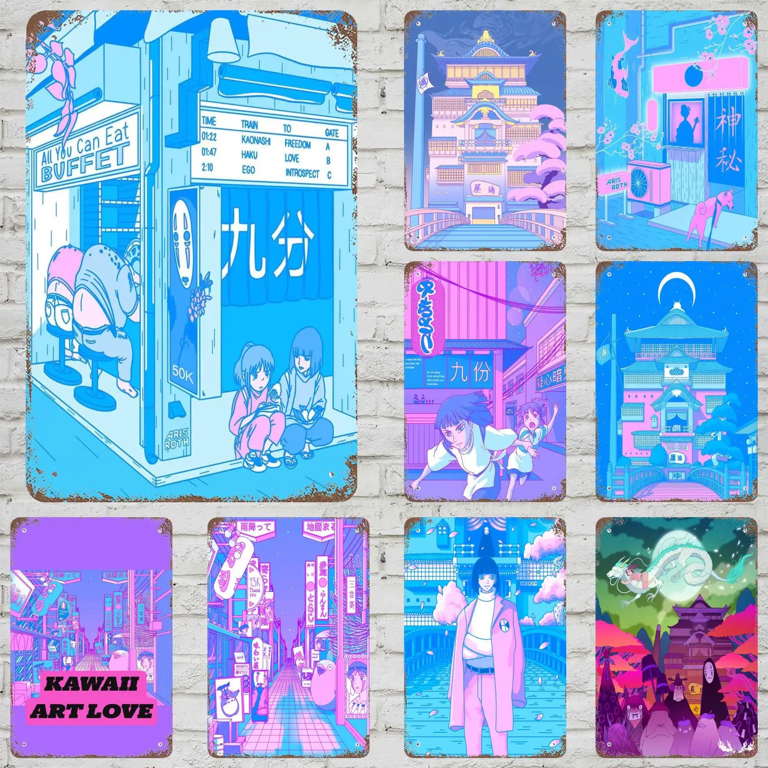 

80s Vaporwave Style Miyazaki Hayao Neon Spirited Away Wall Art Decor Metal Posters Metal Tin Signs vintage decor for bedroom