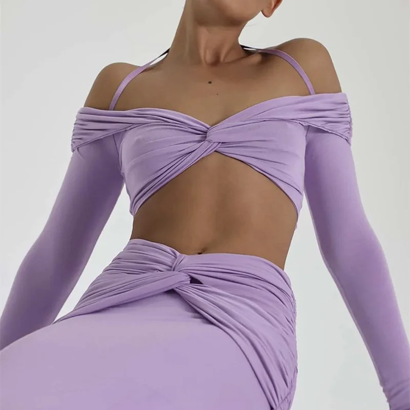 

2023 пикантная Женская юбка из двух частей в европейском и американском стиле с открытыми плечами и завязками на шее модная короткая юбка с длинными рукавами