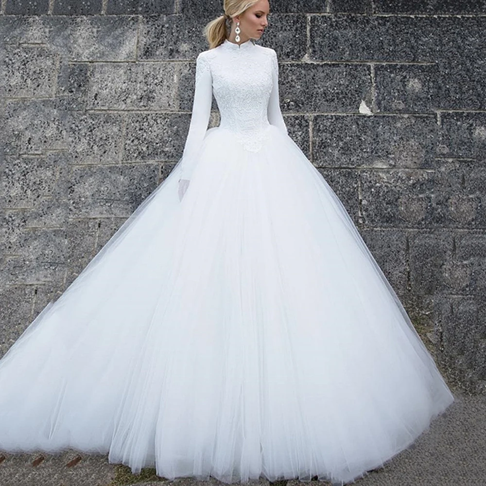 Muslim Illusion White/Ivory Wedding Dresses 2022 New A-Line Long Sleeves Bride Dress Appliques Lace Tulle Elegant Wedding Gowns
Muslim Illusion White/Ivory Wedding Dresses 2022 New A-Line Long Sleeves Bride Dress Appliques Lace Tulle Elegant Wedding Gowns
