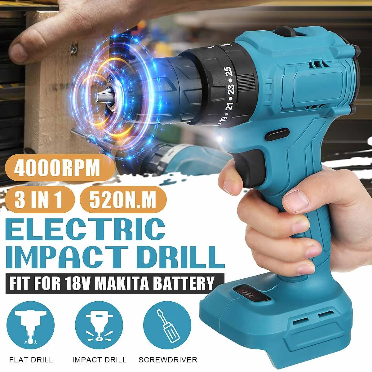 4000RPM 520Nm 3/8" Electric Impact Drill Hammer Drill Screwdriver 3 in 1 Multifunction Rechargeable for Makita 18V Battery
4000RPM 520Nm 3/8" Electric Impact Drill Hammer Drill Screwdriver 3 in 1 Multifunction Rechargeable for Makita 18V Battery