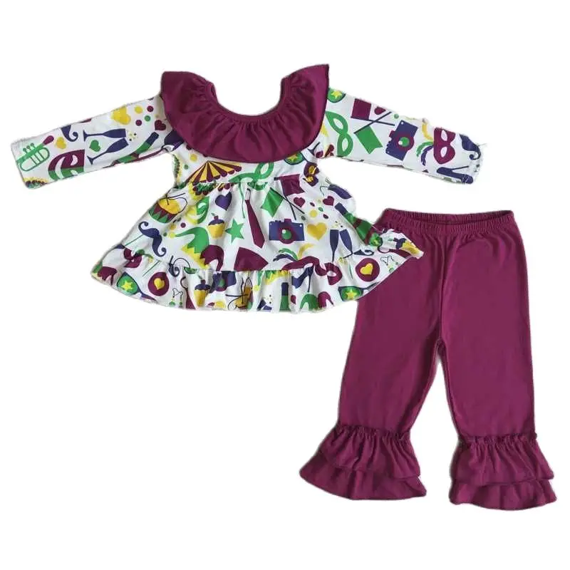 

New Fashion Kids Designer Clothes Girls Bell Bottom Outfits Mardi Gras Boutique Baby Girl Clothes Wholesale Children Clothing
