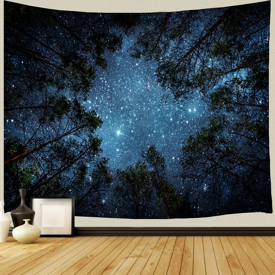 

Forest Tree Starry Galaxy Milky Way Night Sky Tapestry Wall Hanging For Dorm Living Room Bedroom Home Room Decor Decoration