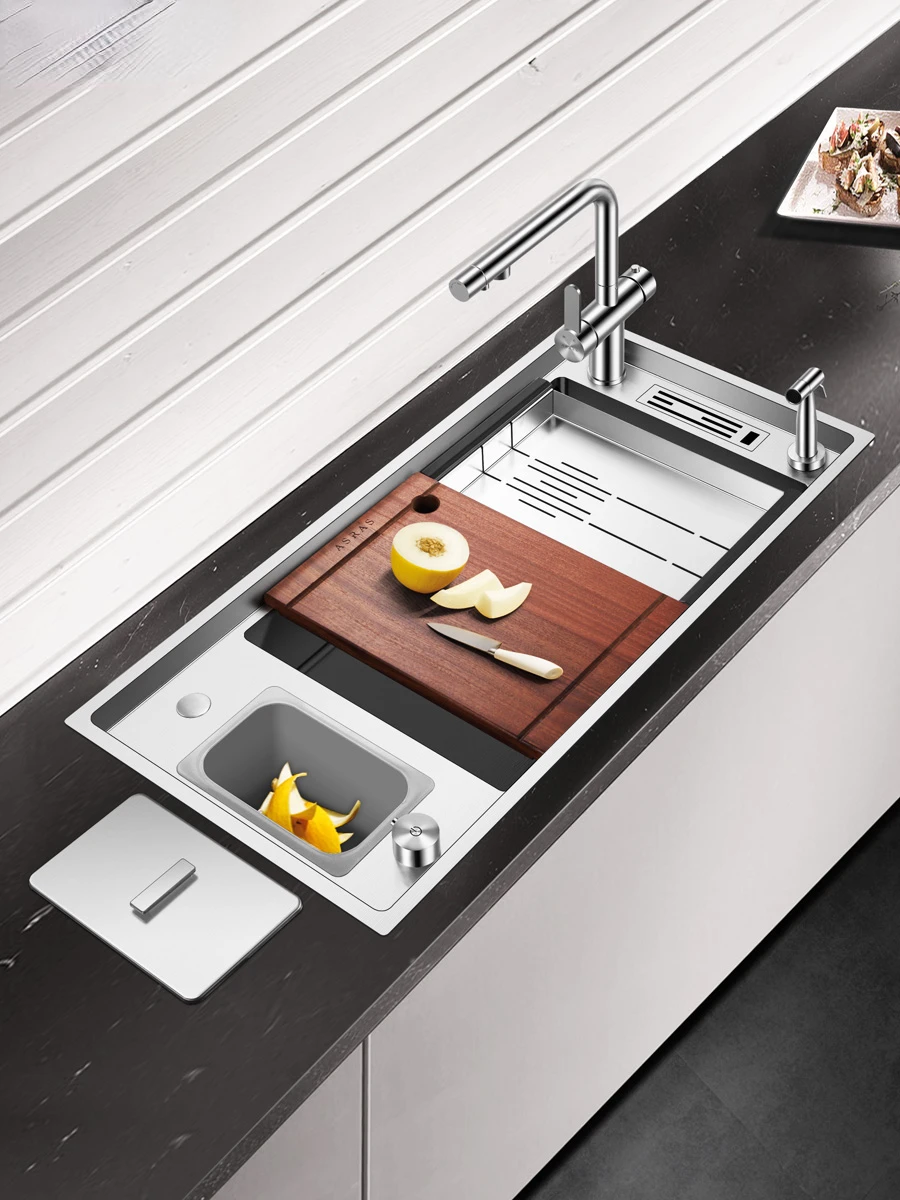 Multifunctional Handmade Sink Thickened Stainless Steel Large Single Sink Ladder Sink with Trash Can
Multifunctional Handmade Sink Thickened Stainless Steel Large Single Sink Ladder Sink with Trash Can