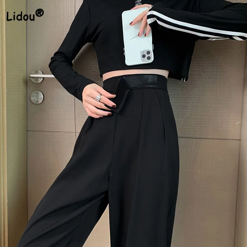 

Корейские драпированные вставные эластичные прямые брюки с высокой талией весна-лето черные универсальные свободные женские повседневные широкие брюки