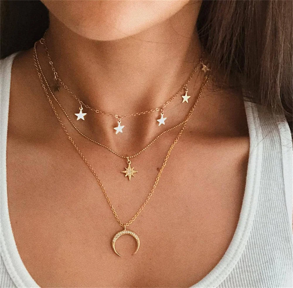 Vintage five pointed star pendant collarbone chain octagonal star crescent three layer Necklace women's fashion jewelry gift
Vintage five pointed star pendant collarbone chain octagonal star crescent three layer Necklace women's fashion jewelry gift