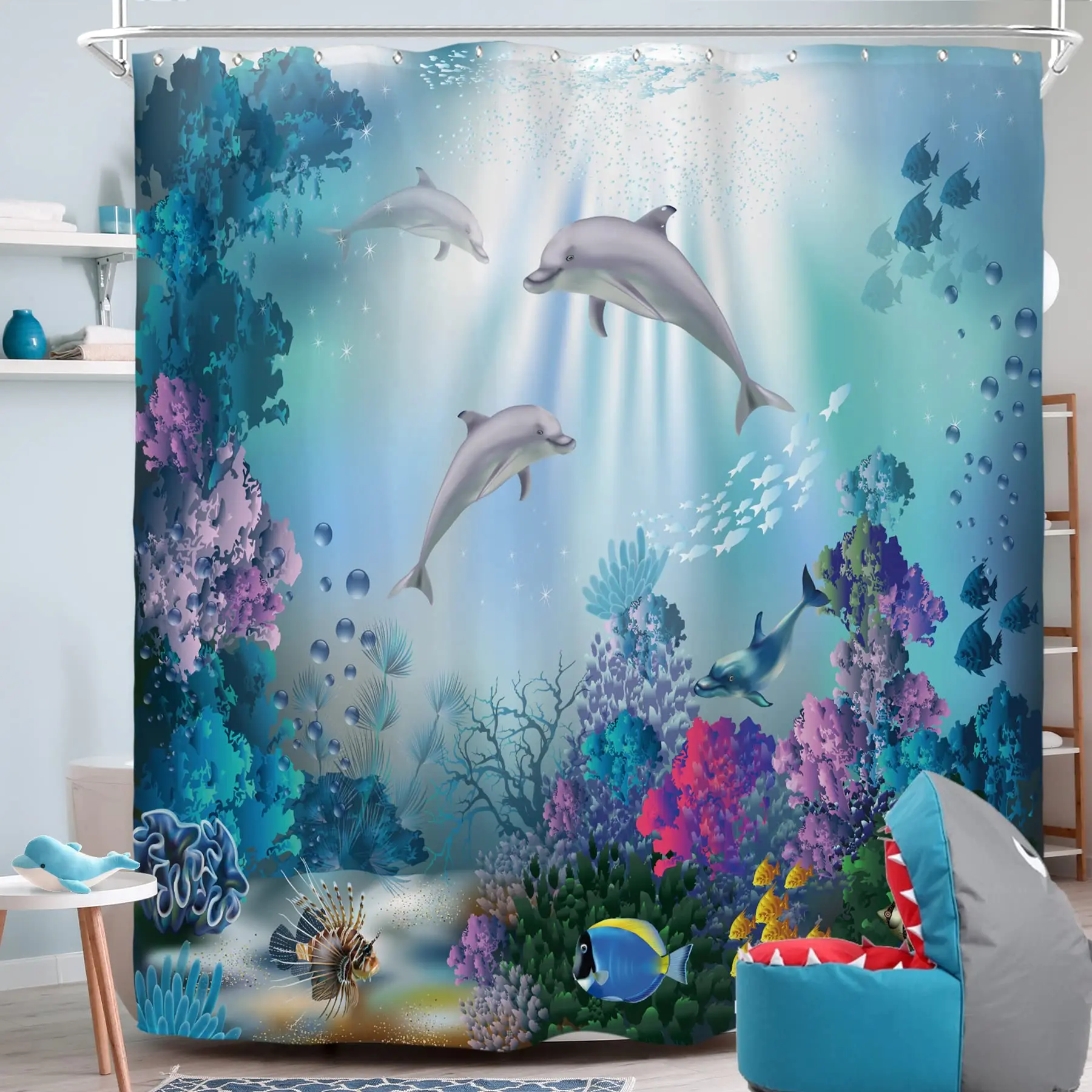 

Dolphin Shower Curtain Underwater Algaes Coral Reefs Sunbeam Tropical Fish Marine Wildlife Ocean Animal Bathroom Curtains Sets