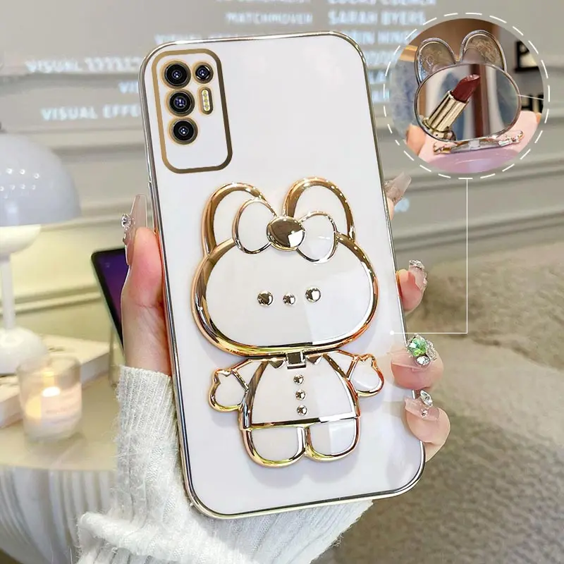 

Mirror Plating Phone Holder Case For Tecno Pova 2 Camon 18 16 15 19 Neo Spark 5 8 7 Pro 6 9T Air Go 2022 Pop 5 LTE Rabbit Cover