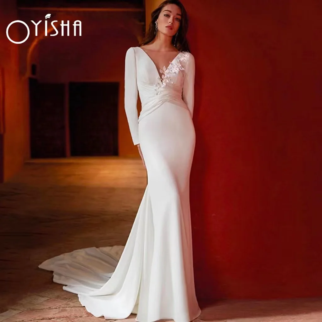 OYISHA Elegant Long Sleeves Mermaid Wedding Dresses 2023 V-Neck Flowers Backless Pleats Bridal Gown New Arrival For Women Mariee
OYISHA Elegant Long Sleeves Mermaid Wedding Dresses 2023 V-Neck Flowers Backless Pleats Bridal Gown New Arrival For Women Mariee