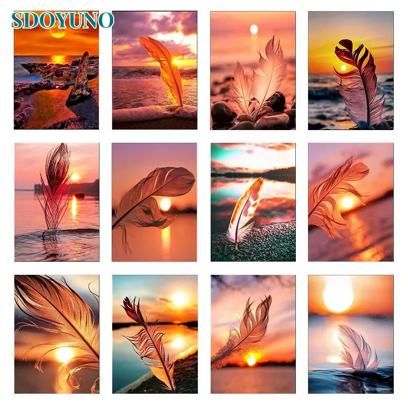 

SDOYUNO Frame Diy Painting By Numbers For Adults Sunset Feather Picture Handicraft Decorative Paintings For Home Decors Artwork