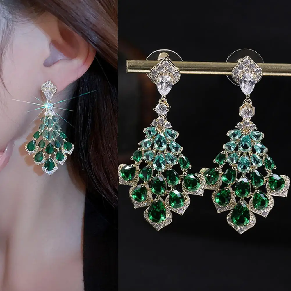 

1 Pair Fashion Vintage Gorgeous Drop Earrings Faux Green Crystal Feather Shape Elegant Rhinestone Inlaid Dangling Earrings