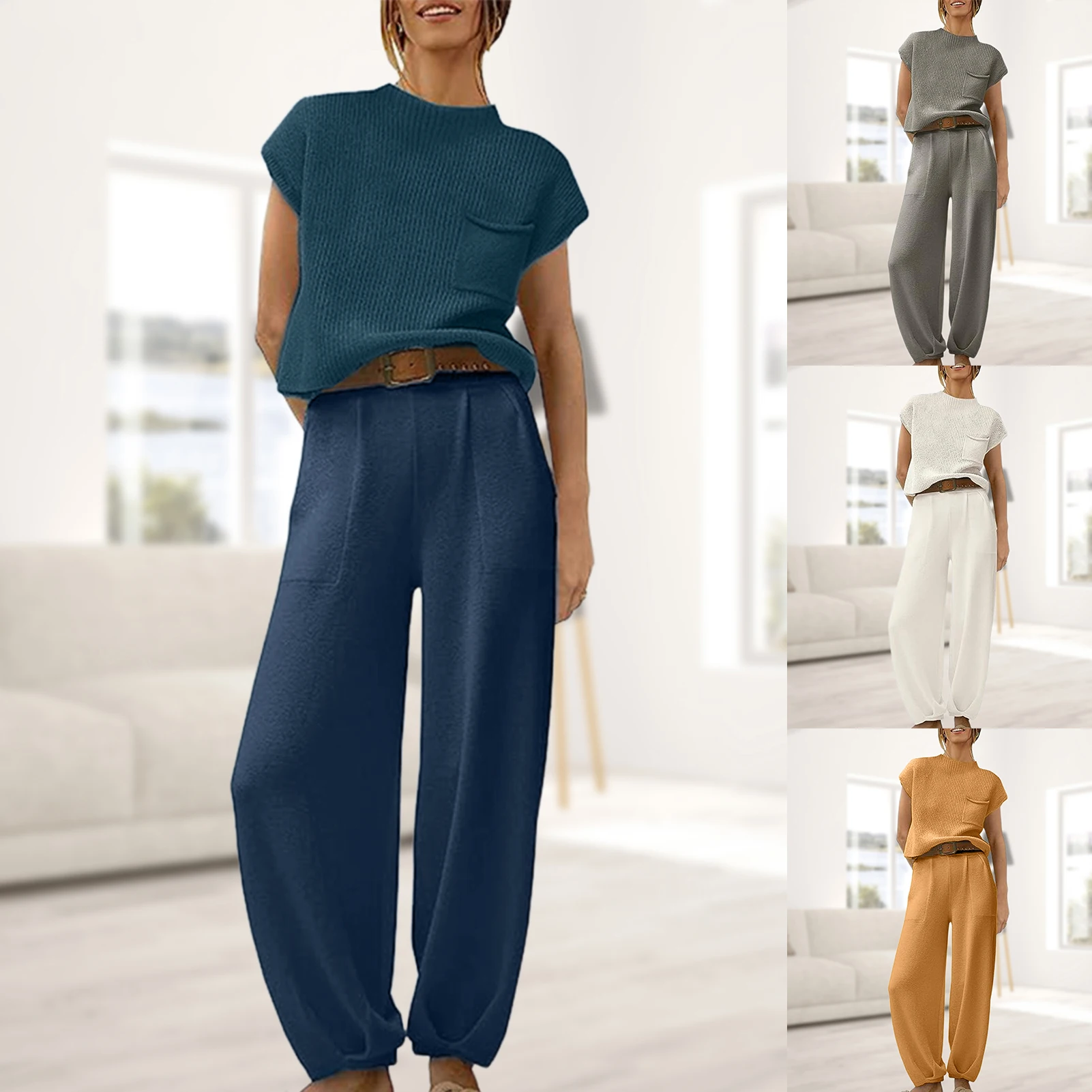 Трикотажный пуловер с карманами, топы, штаны, женская рубашка с круглым вырезом и коротким рукавом, топ, брюки, однотонные Свободные повседневные стильные наряды для отпуска 
Трикотажный пуловер с карманами, топы, штаны, женская рубашка с круглым вырезом и коротким рукавом, топ, брюки, однотонные Свободные повседневные стильные наряды для отпуска