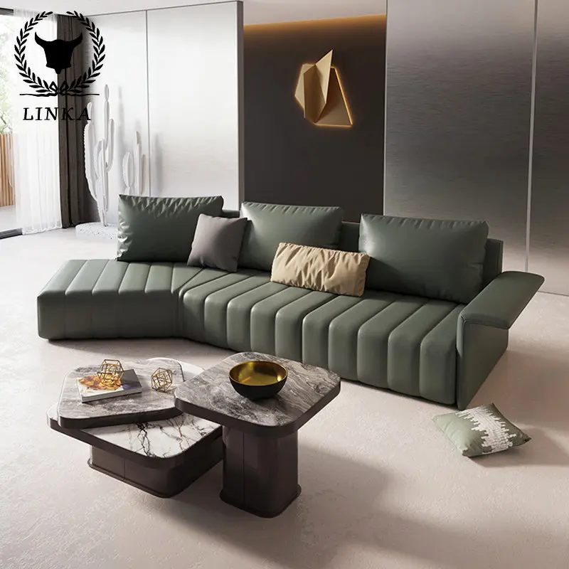 

Минималистичный зеленый изогнутый L-образный диван, набор мебели для гостиной, диваны, Современный итальянский роскошный кожаный диван