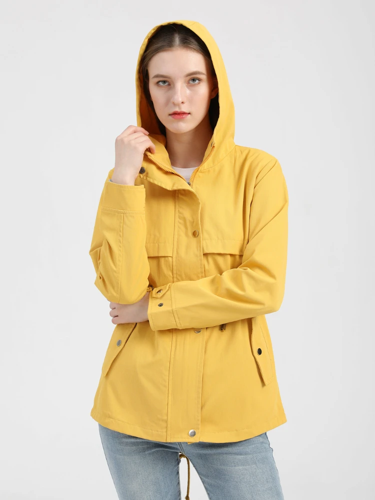 

Jackets for Women 2023 Spring Autumn Solid Hooded Long Sleeve Waist Wrapped Thin Outdoor Raincoat Trench Coat for Women Clothing