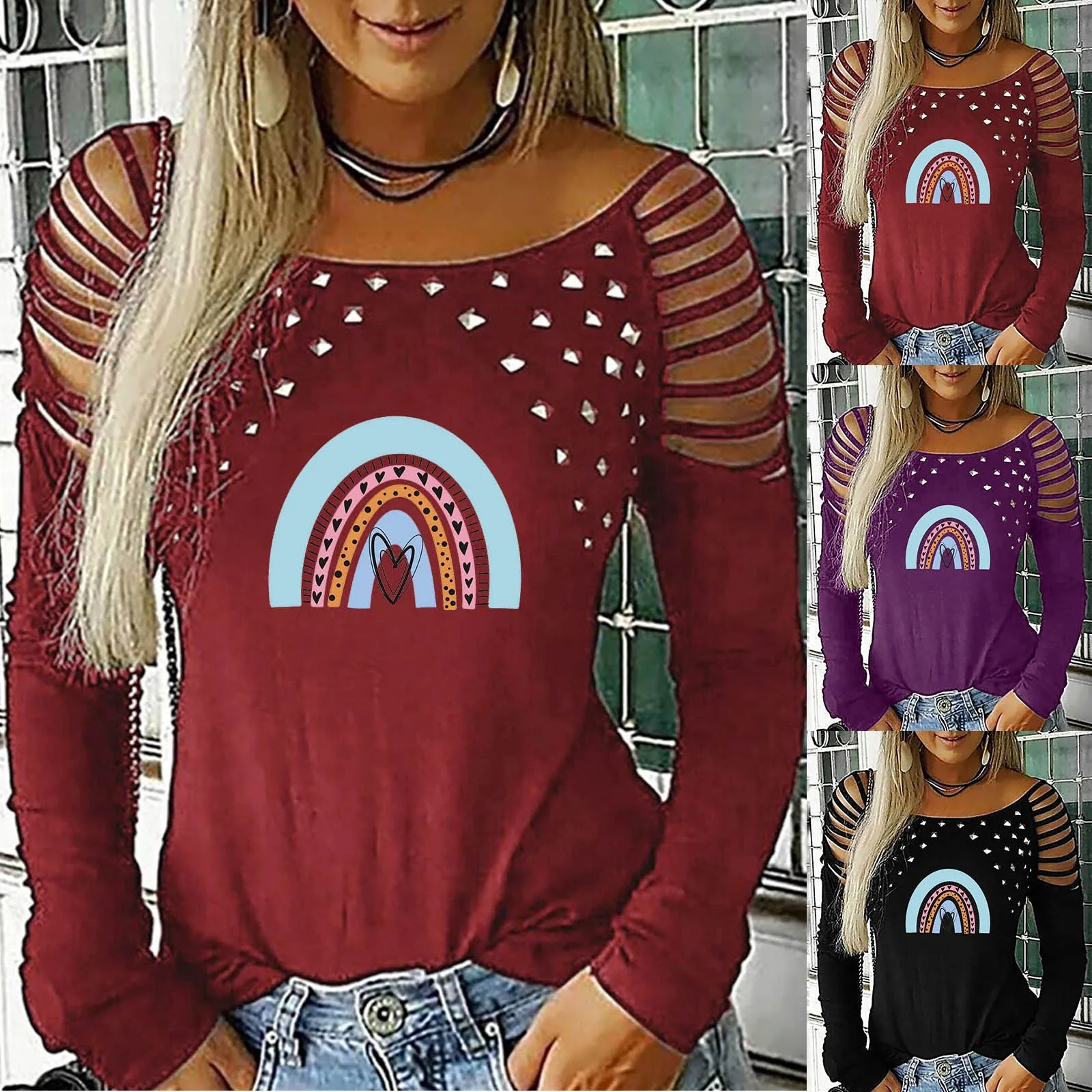 Women's Valentine's Day Top Blouse Rhinestone Hollow Rainbow Printing Casual Hollow Long Sleeve O Exercise Shirt Women Loose
Women's Valentine's Day Top Blouse Rhinestone Hollow Rainbow Printing Casual Hollow Long Sleeve O Exercise Shirt Women Loose