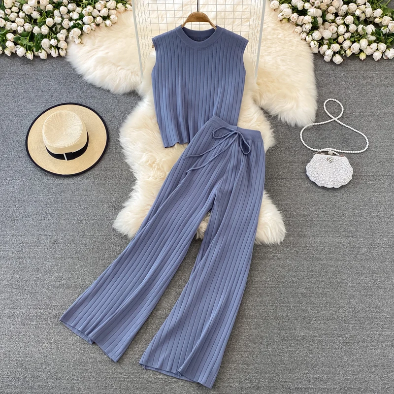 Fashion Knitted Sets Women O-Neck Sleeveless Tops + High Waist Wide Leg Straight Trousers Loose Casual Ladies Two Piece Sets
Fashion Knitted Sets Women O-Neck Sleeveless Tops + High Waist Wide Leg Straight Trousers Loose Casual Ladies Two Piece Sets