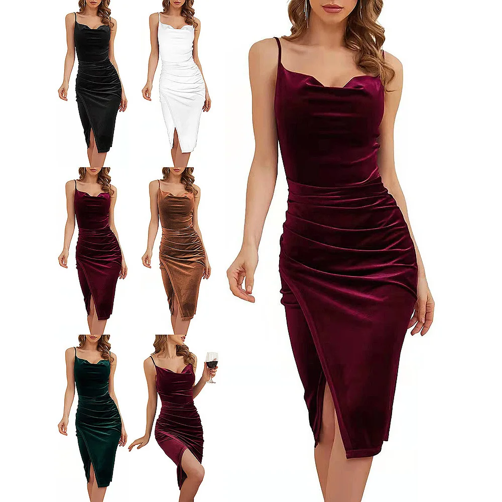 2022 Summer New Women's Clothing Sexy Evening Dress Temperament Slit Pleated Solid Color Velvet Halter Dress
2022 Summer New Women's Clothing Sexy Evening Dress Temperament Slit Pleated Solid Color Velvet Halter Dress