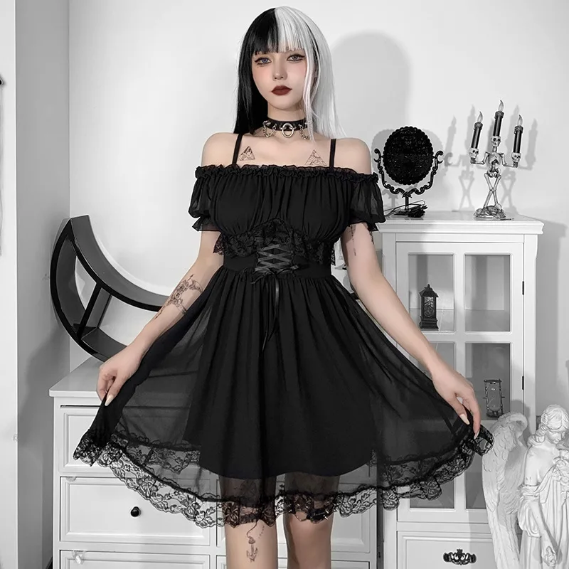 Spring/summer 2022 Lolita Black Black Mini Dress Lace Diagonal Neck High Waist Mesh Halter Dress One Shoulder Halter Skirt
Spring/summer 2022 Lolita Black Black Mini Dress Lace Diagonal Neck High Waist Mesh Halter Dress One Shoulder Halter Skirt