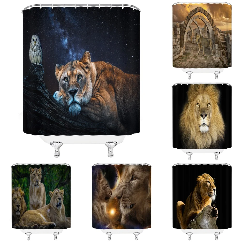 

African Animal Lion Couple Fabric Shower Curtain Wildlife Owl Full Moon Forest Trees Bathroom Decor Waterproof Washable Curtains