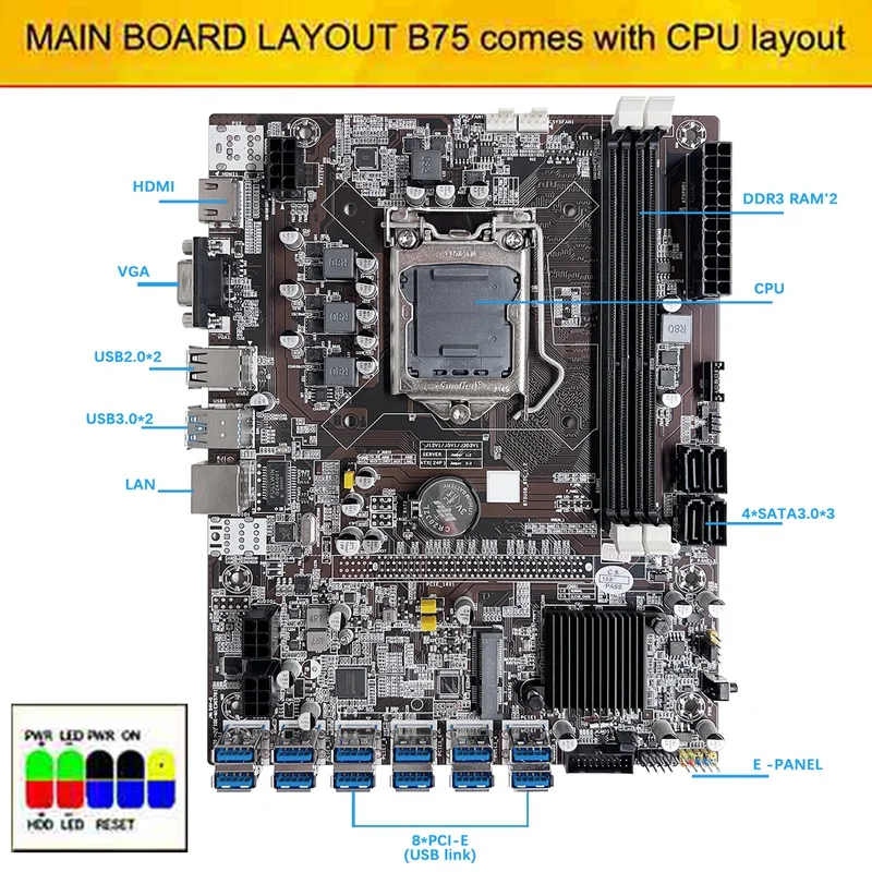 B75 12 Card BTC Mining Motherboard+G550 CPU+24Pin Extension Cable+SATA Cable+Switch Cable 12XUSB3.0 LGA1155 DDR3 MSATA
B75 12 Card BTC Mining Motherboard+G550 CPU+24Pin Extension Cable+SATA Cable+Switch Cable 12XUSB3.0 LGA1155 DDR3 MSATA