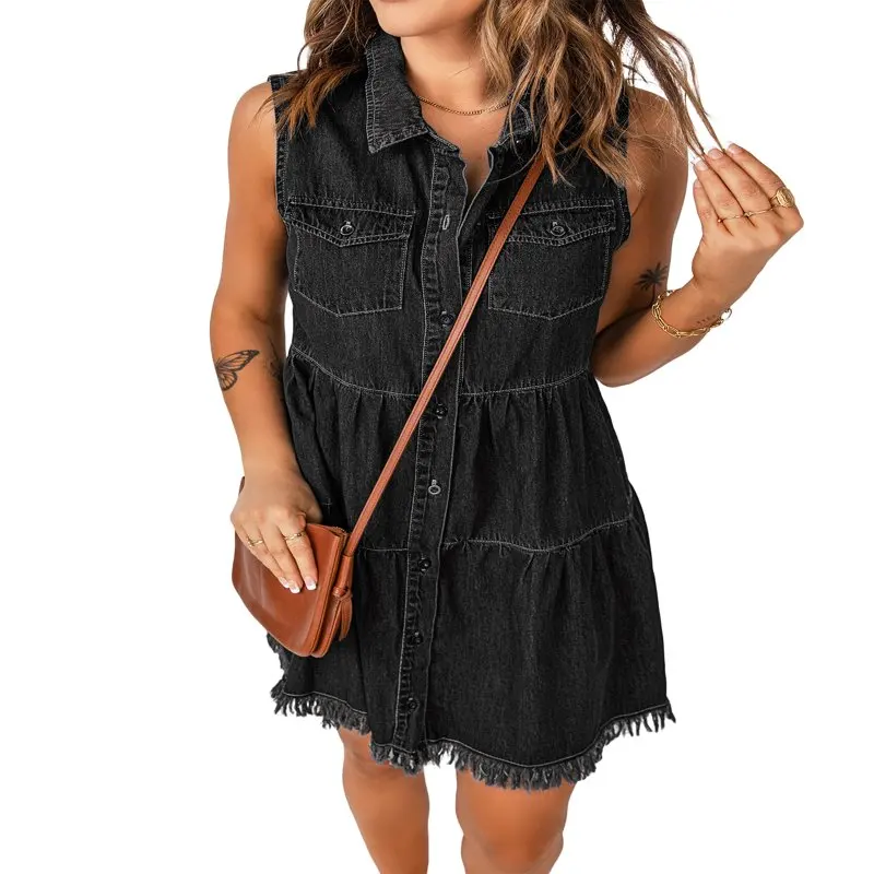 

Womens Summer Black Denim Dress Button Down Sleeveless Babydoll Dress Cute Jean Dress Size L Fit Size 12 Size 14