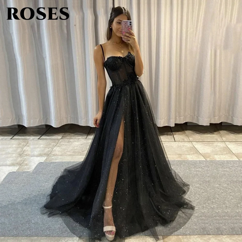 Popular Side Slit 3D Flowers Long Evening Gowns Spaghetti Straps Sweetheart Bones Black Glitter A Line Tulle Prom Dresses
Popular Side Slit 3D Flowers Long Evening Gowns Spaghetti Straps Sweetheart Bones Black Glitter A Line Tulle Prom Dresses