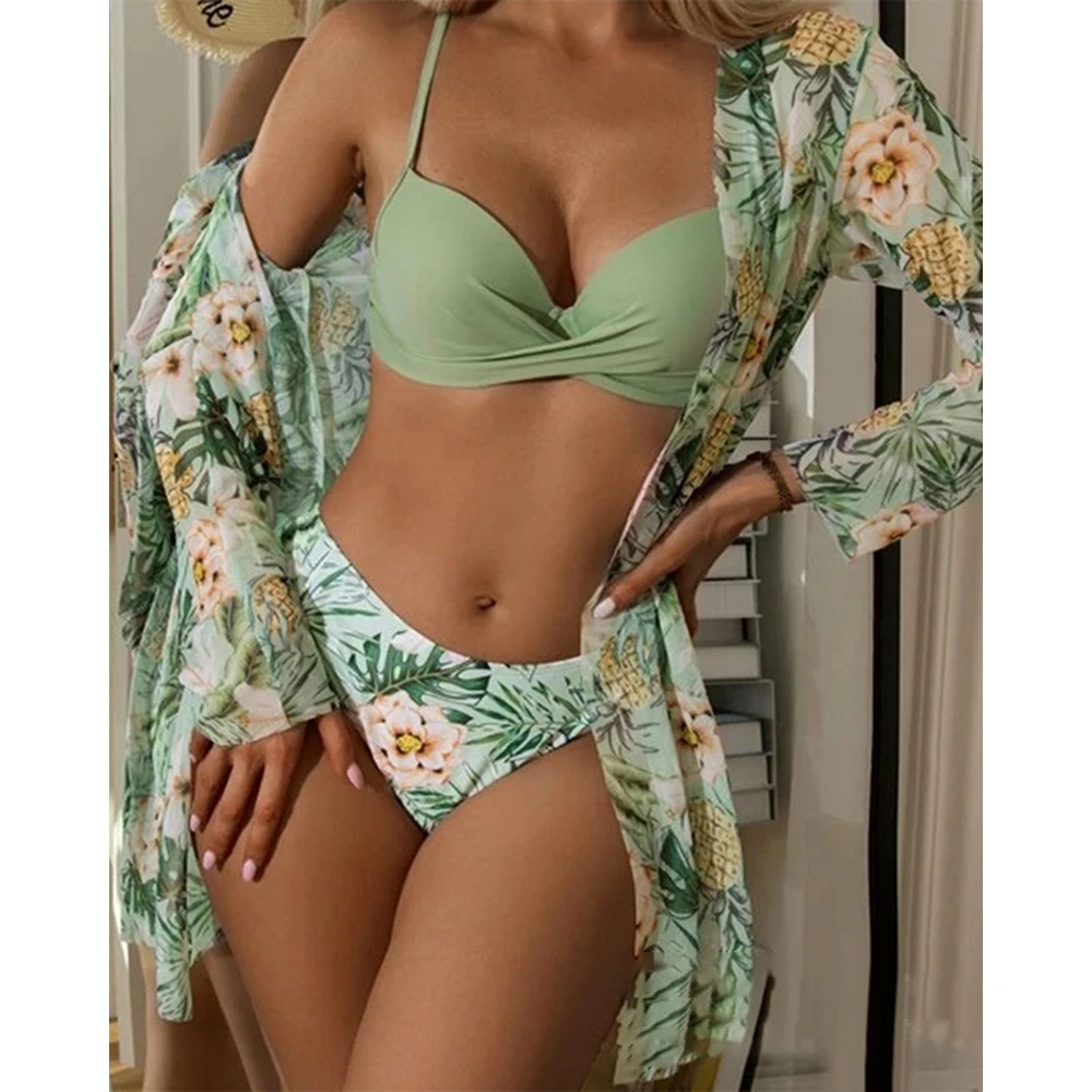 

3 Pieces Women Tropical Floral Print Crisscross Summer Swim Bikini Set With Cover Ups Beach Swimsuit Bathing Suit Vacation
