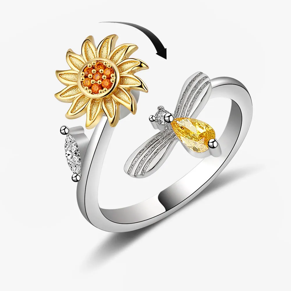 

Spinning Sunflower Bee Anxiety Ring For Women Rotatable Adjustable Unusual Anti-stress Spinner Fidget Rings Fashion Jewelry
