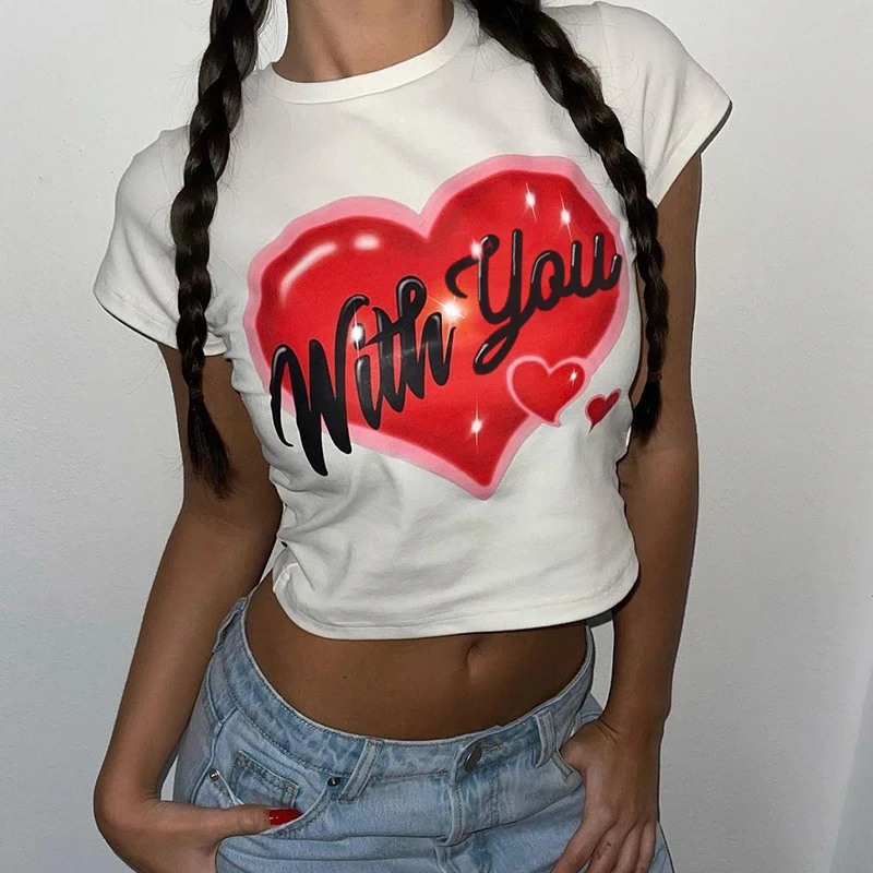 Summer Fashion Slim Sexy Print Heart Letters Short Sleeve Graphic Tee Shirt Casual Skinny T-Shirts for Women Girl Crop Top Y2k 
Summer Fashion Slim Sexy Print Heart Letters Short Sleeve Graphic Tee Shirt Casual Skinny T-Shirts for Women Girl Crop Top Y2k