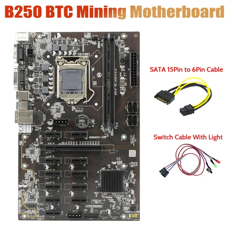B250 BTC Mining Motherboard With Switch Cable With Light+SATA 15Pin To 6Pin Cable 12Xgraphics Card Slot LGA 1151 For BTC
B250 BTC Mining Motherboard With Switch Cable With Light+SATA 15Pin To 6Pin Cable 12Xgraphics Card Slot LGA 1151 For BTC
