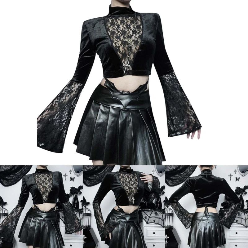 Fashionable Black Lace Flare Sleeve Women's Blouse Splicing Crop Tops Hollow Out 
Fashionable Black Lace Flare Sleeve Women's Blouse Splicing Crop Tops Hollow Out