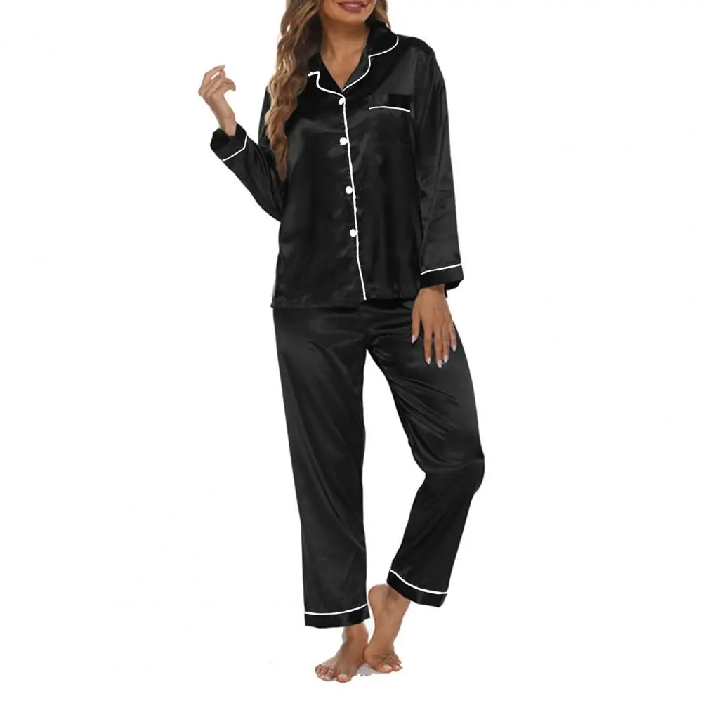 Stylish Women Sleepwear Set Long Sleeve Thin Relaxed Fit Turndown Collar Pajamas Set Skin-touch Ladies Top Trousers for Home
Stylish Women Sleepwear Set Long Sleeve Thin Relaxed Fit Turndown Collar Pajamas Set Skin-touch Ladies Top Trousers for Home