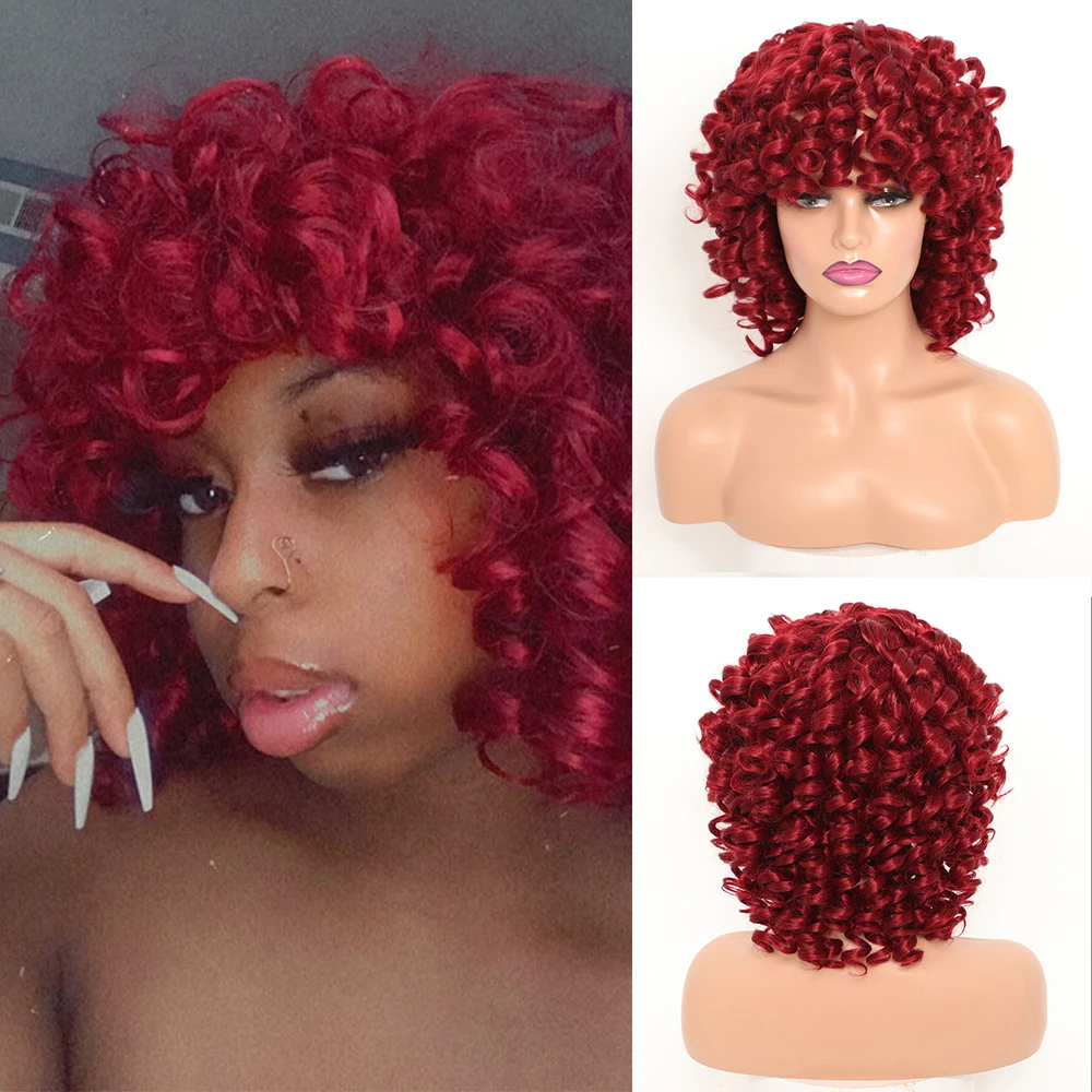 

Short Afro Kinky Curly Wig Synthetic Bob Curly Wigs with Bang for Women Bouncy Loose Curly Wig Red Brown Ginger Cosplay Hair