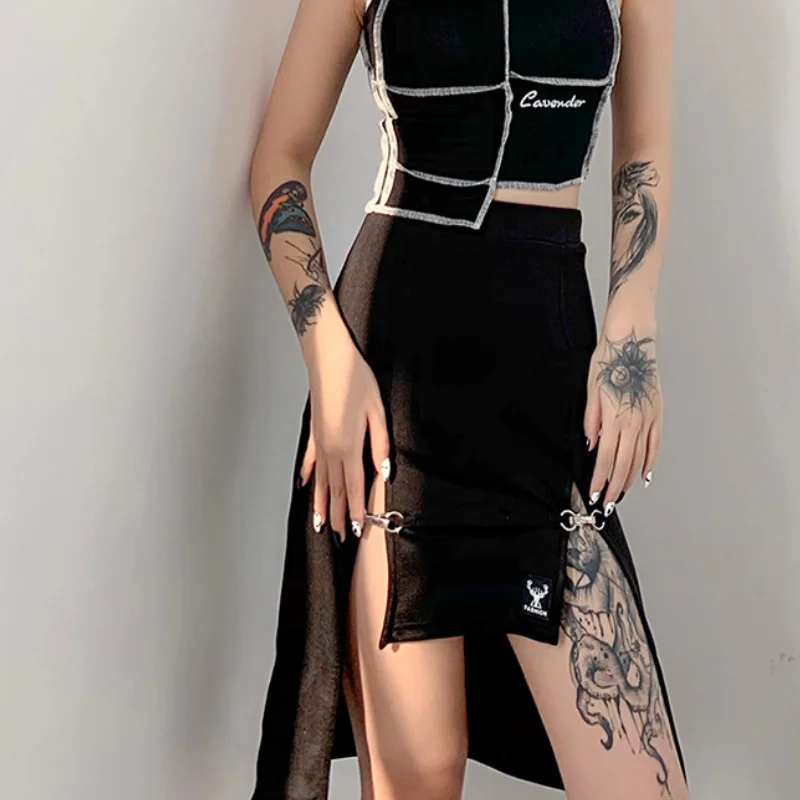 Gothic Streetwear Punk Black Skirt Y2K Goth Bodycon Sexy High Slit Skirts Women Harajuku Metal Patchwork High Waist Skirts New 
Gothic Streetwear Punk Black Skirt Y2K Goth Bodycon Sexy High Slit Skirts Women Harajuku Metal Patchwork High Waist Skirts New