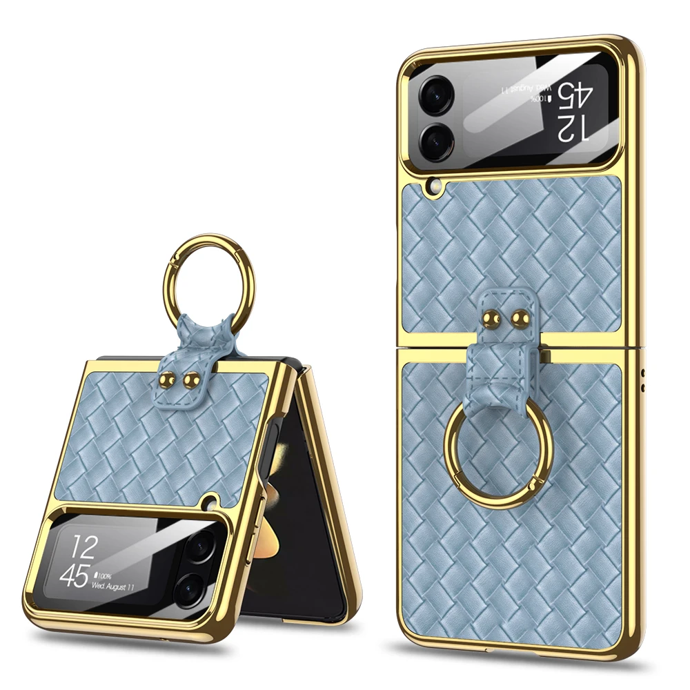 Luxury Plating Weave PU Leather Stand Case for Samsung Galaxy Z Flip 4 5G Hard Cover with Ring Bracket for Samsung Z Flip 4 Case
Luxury Plating Weave PU Leather Stand Case for Samsung Galaxy Z Flip 4 5G Hard Cover with Ring Bracket for Samsung Z Flip 4 Case