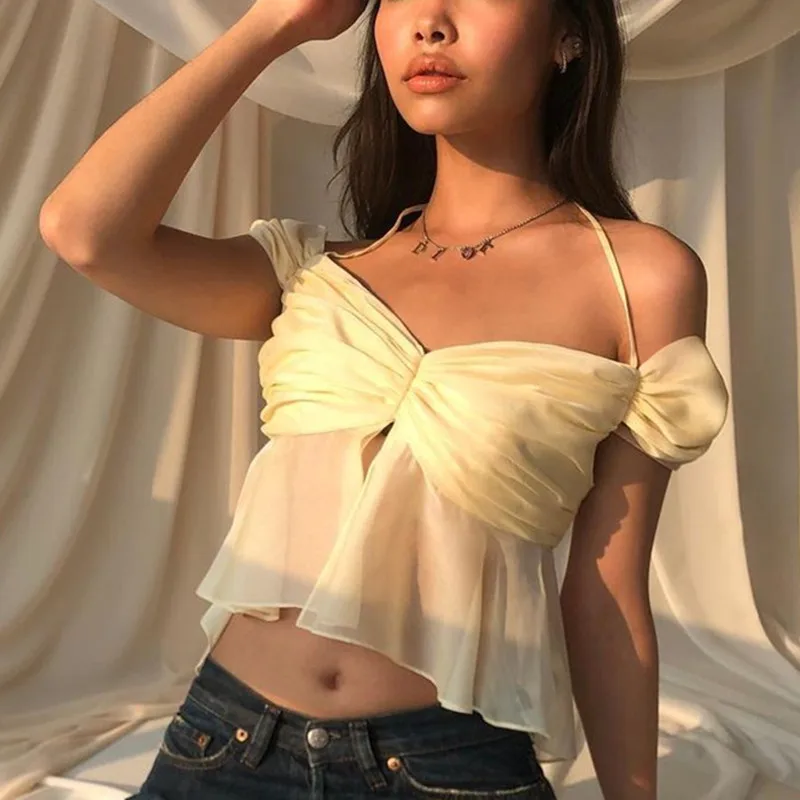 Summer New Fashion Sweet Bow Knot Pile Sleeves Sexy Mesh Back Hollow Tether Hanging Neck T-Shirt for Women Stitching Top Women
Summer New Fashion Sweet Bow Knot Pile Sleeves Sexy Mesh Back Hollow Tether Hanging Neck T-Shirt for Women Stitching Top Women