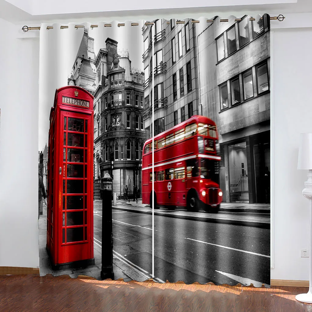 

Darkening Blackout Curtains 3D Printed Red Bus Window Curtain Living Room Bedroom Thermal Insulated Drapes Decor カーテン