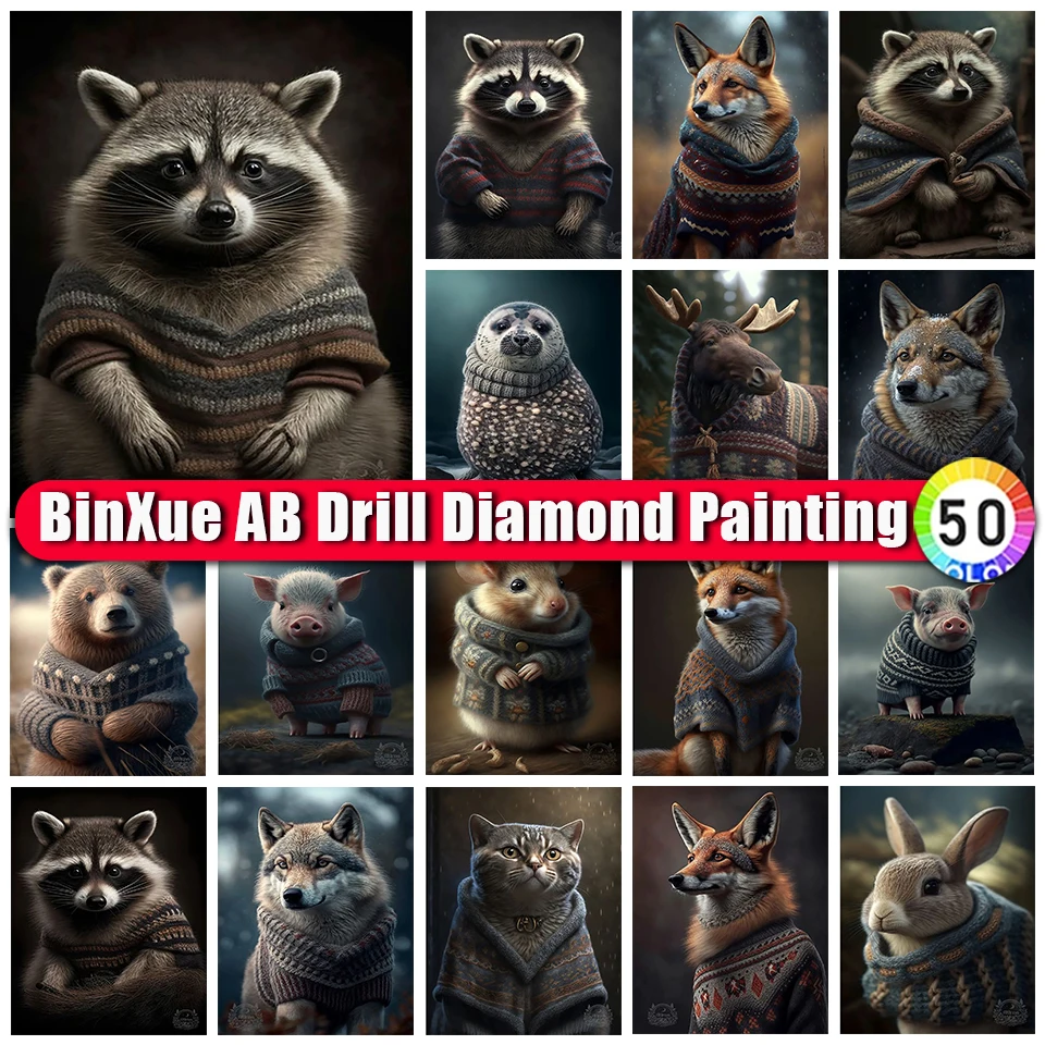

BinXue Animal Raccoon AB Diamond Painting Fox Wolf Cross Stitch Rabbit Pig Handmade DIY Cat Bear Mosaic Art Home Decor Gift