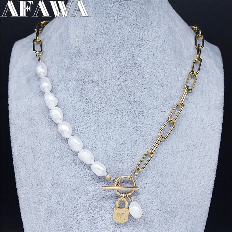 Punk Love Heart Lock Freshwater Pearls Stainless Steel Charm Necklaces for Women Gold Color Jewelry bijoux femme N3046S02
Punk Love Heart Lock Freshwater Pearls Stainless Steel Charm Necklaces for Women Gold Color Jewelry bijoux femme N3046S02