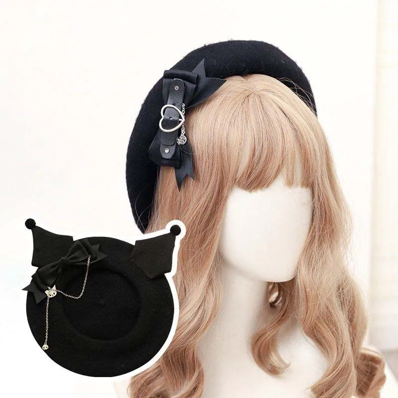 

Sanrio Kuromi Cartoon Cute Hat Little Girl Hat Beret Female Bow Hat Headdress Autumn and Winter Warm Hat Female Student
