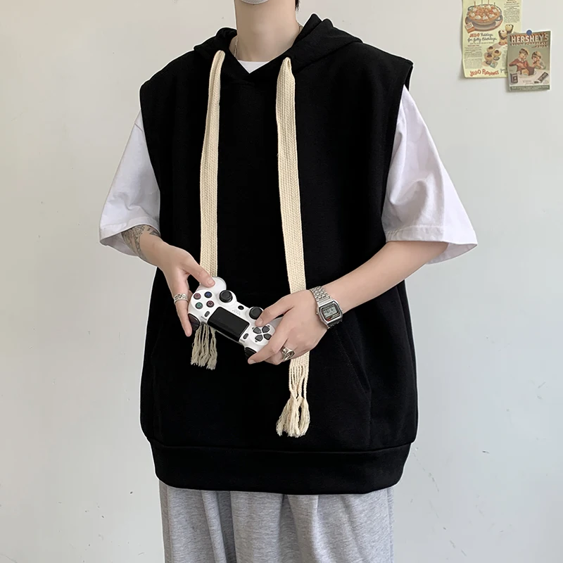 Однотонный топ без рукавов с капюшоном для мужчин, летняя одежда, безрукавка, жилет 
Однотонный топ без рукавов с капюшоном для мужчин, летняя одежда, безрукавка, жилет