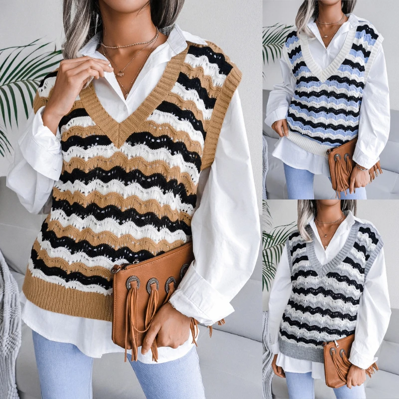 Ladies Knitted Sweater Vest Spring / Autumn Basic Loose Retro Sweater Sleeveless Hollow Striped V-neck Pullover Women's Jacket
Ladies Knitted Sweater Vest Spring / Autumn Basic Loose Retro Sweater Sleeveless Hollow Striped V-neck Pullover Women's Jacket