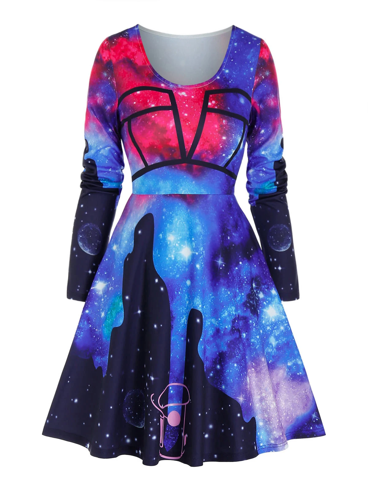 

Dressfo Galaxy Print Long Sleeve Flare Dress Fashion Scoop Neck Mini Vestido Feminino
