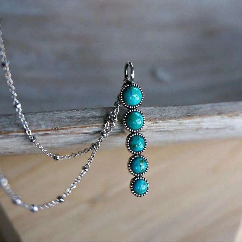 

Women's 5-stone Tiered Drop Turquoise Genuine Necklace Birthstone Turquoise Boho Jewelry Choker Necklace with Stones Bar NAVAJO