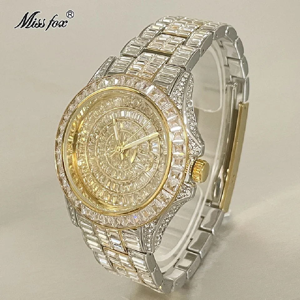 Fashion Brand MISSFOX Quartz Watch For Men Luxury Full Baguette Diamond Gold Silver Clocks Automatic Date Waterproof Wristwatch
Fashion Brand MISSFOX Quartz Watch For Men Luxury Full Baguette Diamond Gold Silver Clocks Automatic Date Waterproof Wristwatch